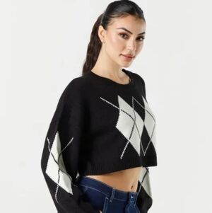 Black & White Argyle Crop Sweater Y2K Aesthetic
